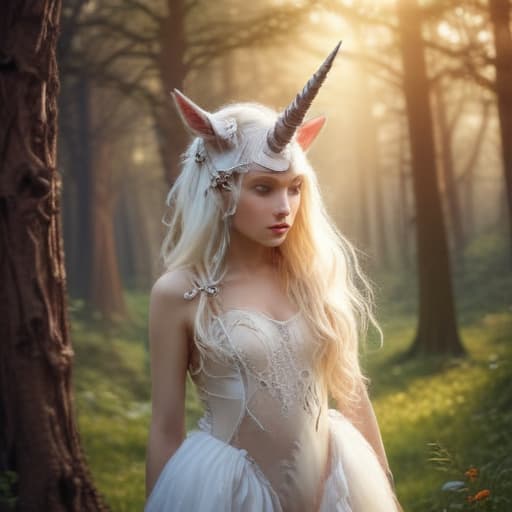 fairy with a unicorn horn in Mythological style with Forests background