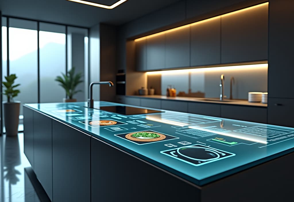  a landscape photo of a futuristic kitchen setup with a smart glass countertop displaying digital recipes and cooking instructions, seamlessly integrated with minimalist cabinetry hyperrealistic, full body, detailed clothing, highly detailed, cinematic lighting, stunningly beautiful, intricate, sharp focus, f/1. 8, 85mm, (centered image composition), (professionally color graded), ((bright soft diffused light)), volumetric fog, trending on instagram, trending on tumblr, HDR 4K, 8K