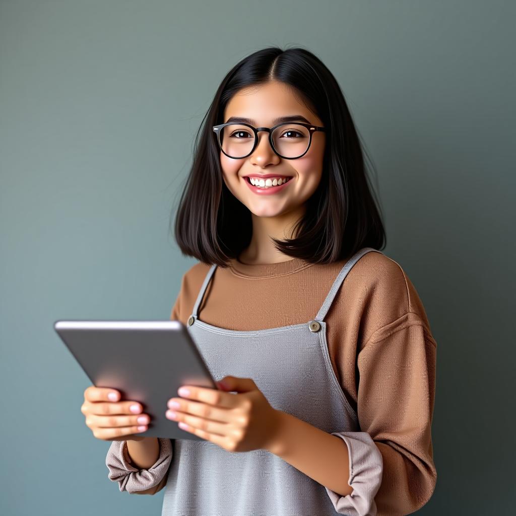  a girl with shoulder length dark hair is standing with a tablet and wearing glasses; she is a social media specialist.