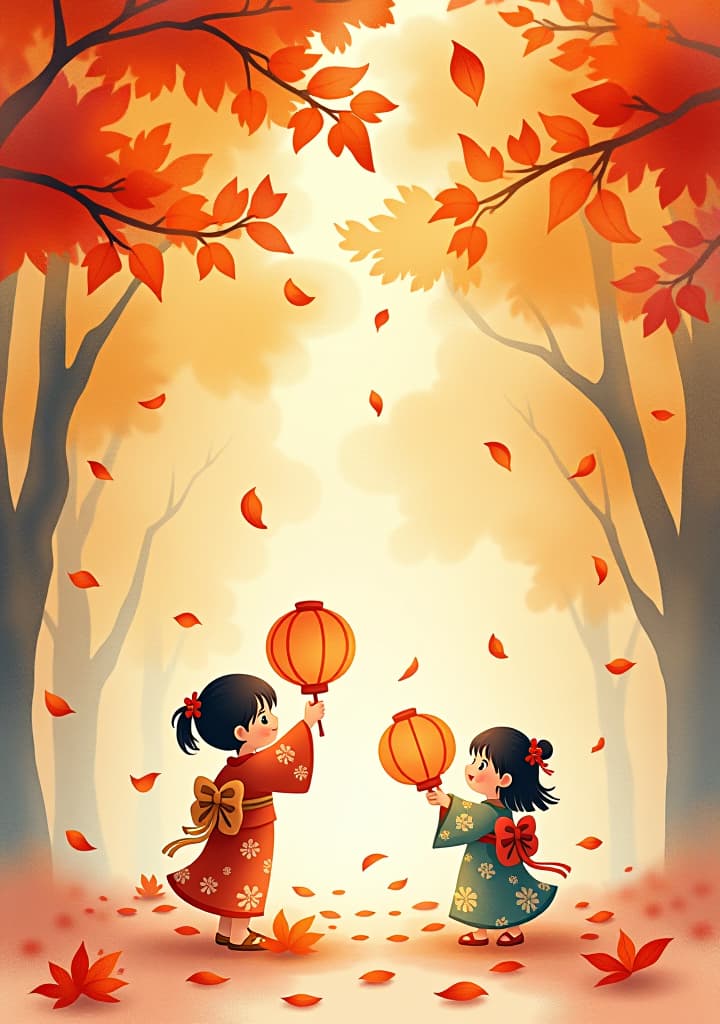  **a watercolor background for an autumn festival poster, in the style of chihiro iwasaki. soft, dreamy colors of orange, red, and yellow leaves falling gently. children in traditional kimonos playing with paper lanterns. warm, gentle brushstrokes. ethereal and nostalgic atmosphere. whimsical and innocent.hyper detail, intricate details, sharp focus, high resolution, 8k, ultra detailed, vib