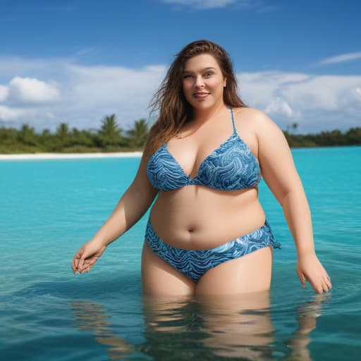 Generate a fat woman in bikini swiming in a beautiful lagoon