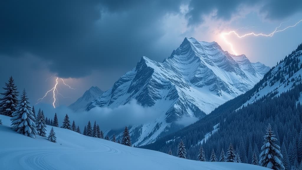  create a hyper realistic image capturing the essence of mountain weather between a storm and a thick layer of snow. the scene should showcase a rugged mountain landscape engulfed in a powerful storm, with dark, dramatic clouds swirling overhead. lightning flashes should illuminate the sky, adding a sense of intensity and awe. at the same time, ensure that a beautiful, thick blanket of snow covers the terrain, reflecting light and creating a sparkling effect that enhances the magical winter wonde