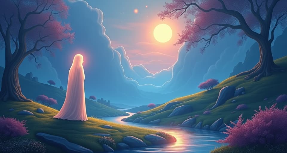  a radiant, ethereal landscape with winding pathways. an ethereal guardian figure stands guard, glowing softly, ensuring peace cannot be taken by curses or darkness, serene strength.. the style is digital art illustration,highly detailed, whimsical,magical, dreamlike atmosphere, realism and fantasy blend, smooth, glossy textures,luminous quality, wonder and enchantment.