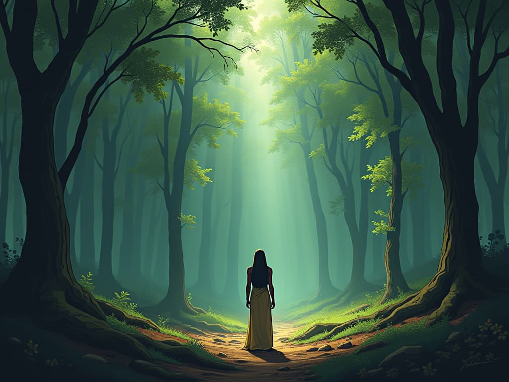  a person standing at the edge of a forest, feeling a deep connection with their surroundings, a sense of returning to roots. the style is digital art illustration / modern comic book / mysterious occult, symbolic, esoteric vibe,high detail on character design, incorporating ancient egyptian symbology and attire.