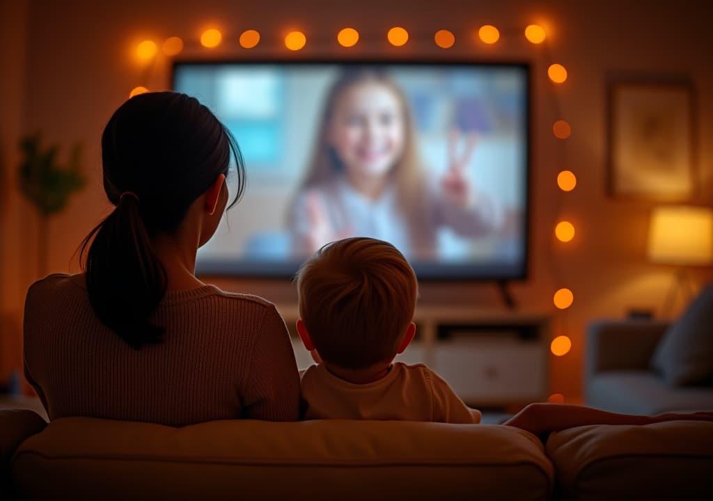  rear view photo of happy mommy and child watching movie cosy room indoors