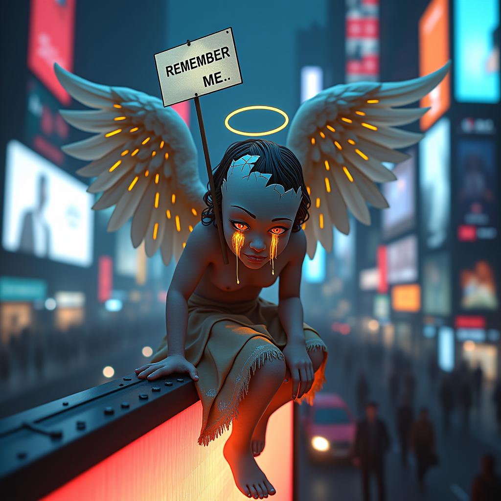  fallen angel with tattered wings perched on a neon lit billboard, (golden tears streaming down face), sorrow, sign in hand reads "remember me", close up, futuristic cityscape, holographic advertisements, hovering vehicles, crowded streets, poignant scene, hyper realistic, bioluminescent lighting and ethereal atmosphere, cracked porcelain mask:2, luminous tears, broken halo, melancholic, celestial being, data streams, digital aura surrounding figure, shimmering feathers,