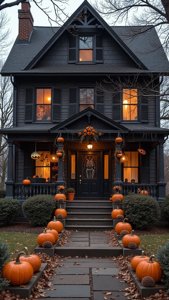  beautiful house facade decorated with halloween decor, pumpkins, garlands, cobwebs, skeletons ar 9:16 {prompt}, maximum details