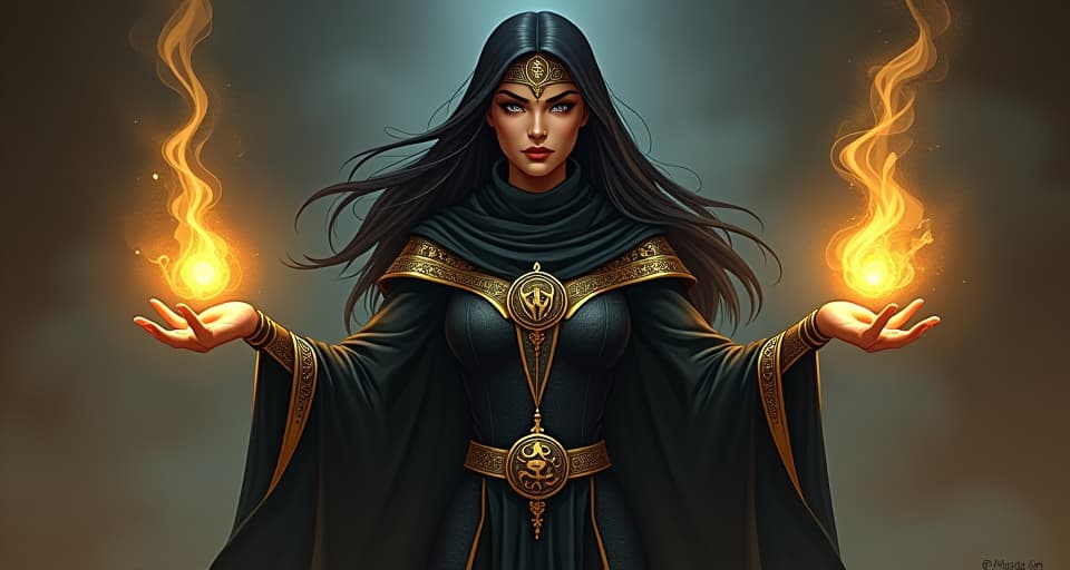  a powerful sorceress, dressed in a tight, shimmering black gown adorned with ancient symbols, casting a spell with outstretched hands, arcane light illuminating her determined face, an aura of power and self reliance. the style is digital art illustration / modern comic book / mysterious occult, symbolic, esoteric vibe,high detail on character design, incorporating ancient egyptian symbology and attire.