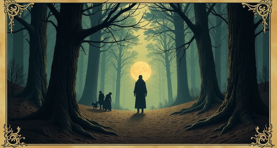  a dark forest clearing with a glowing figure standing in the center, shadowy figures retreating, sense of decision and removal. an illustration in the style of a worn, mystical old tarot trump card, mysterious and elements of surrealism. the colors are muted, somber and eerie, but with contrast bring out an occult and esoteric vibe.