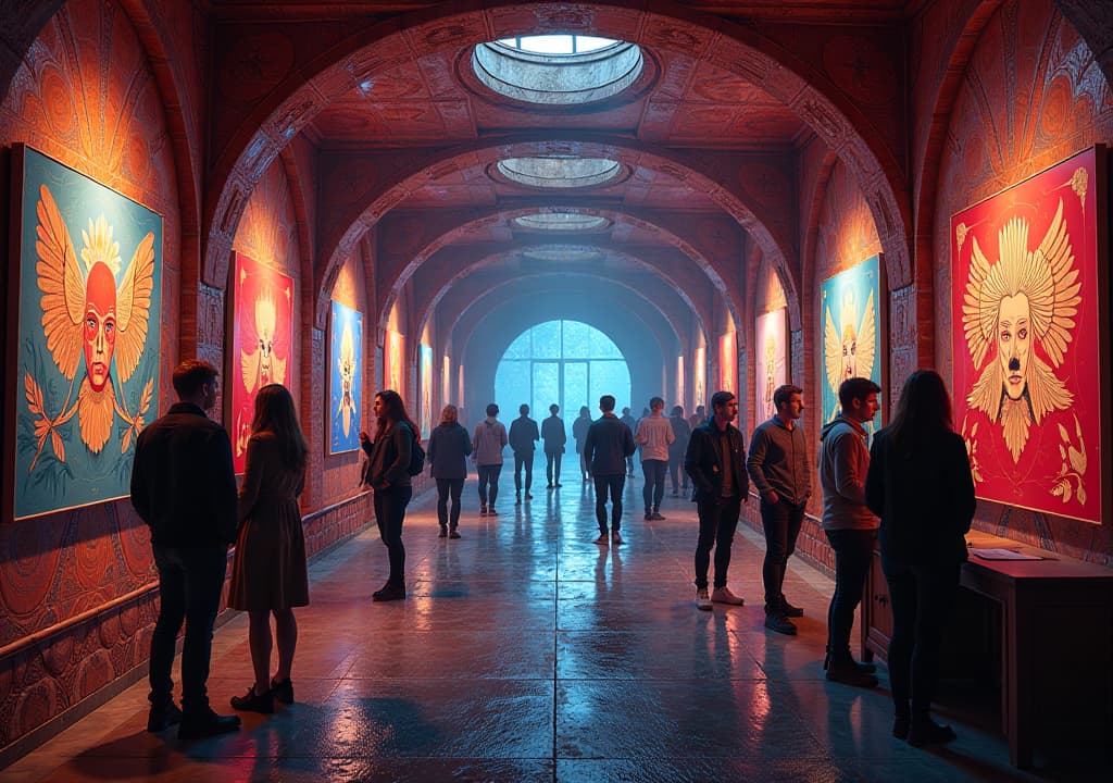  a vibrant interior scene of the vog vault, showcasing colorful artworks displayed on the walls of a former bank vault, with visitors engaging with artists, participating in workshops, and enjoying the creative atmosphere of this unique artistic space. hyperrealistic, full body, detailed clothing, highly detailed, cinematic lighting, stunningly beautiful, intricate, sharp focus, f/1. 8, 85mm, (centered image composition), (professionally color graded), ((bright soft diffused light)), volumetric fog, trending on instagram, trending on tumblr, HDR 4K, 8K