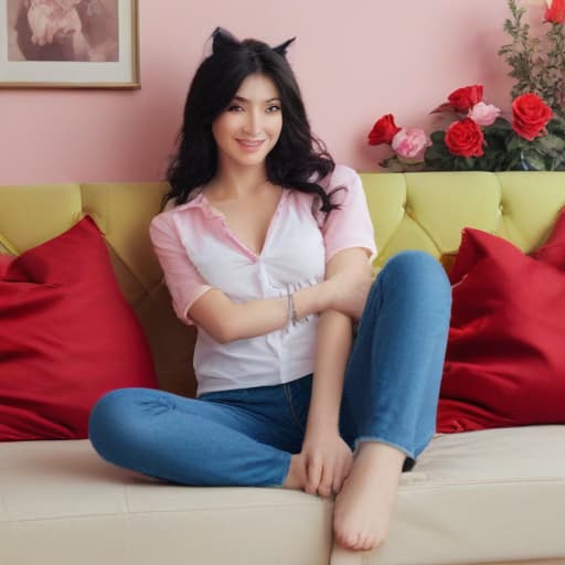 Ahri from League of legends on sofa, jeans, smiling, on sofa, roses on table