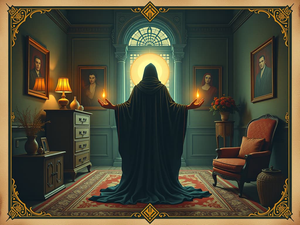  scene of a person commanding aura, controlling energies within a home, confident pose, harmonious space, focused mood. an illustration in the style of a worn, mystical old tarot trump card, mysterious and elements of surrealism. the colors are muted, somber and eerie, but with contrast bring out an occult and esoteric vibe.