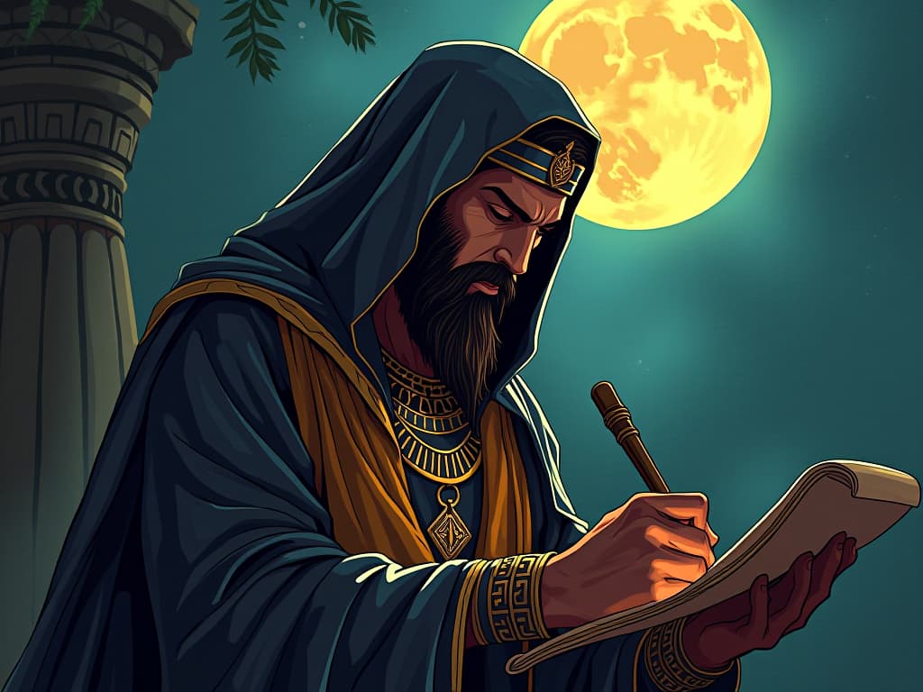  ancient scribe in traditional garb, illuminated by the full moon, writing on a papyrus scroll, intense introspective expression, air of deep honesty and revelation. the style is digital art illustration / modern comic book / mysterious occult, symbolic, esoteric vibe,high detail on character design, incorporating ancient egyptian symbology and attire.