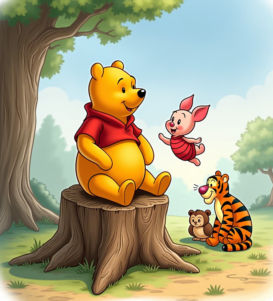  winnie the pooh is sitting on a stump. one of his legs is extended straight and piglet is hanging on his foot that is in the air. in the background of the image are their friends, tigger and owl