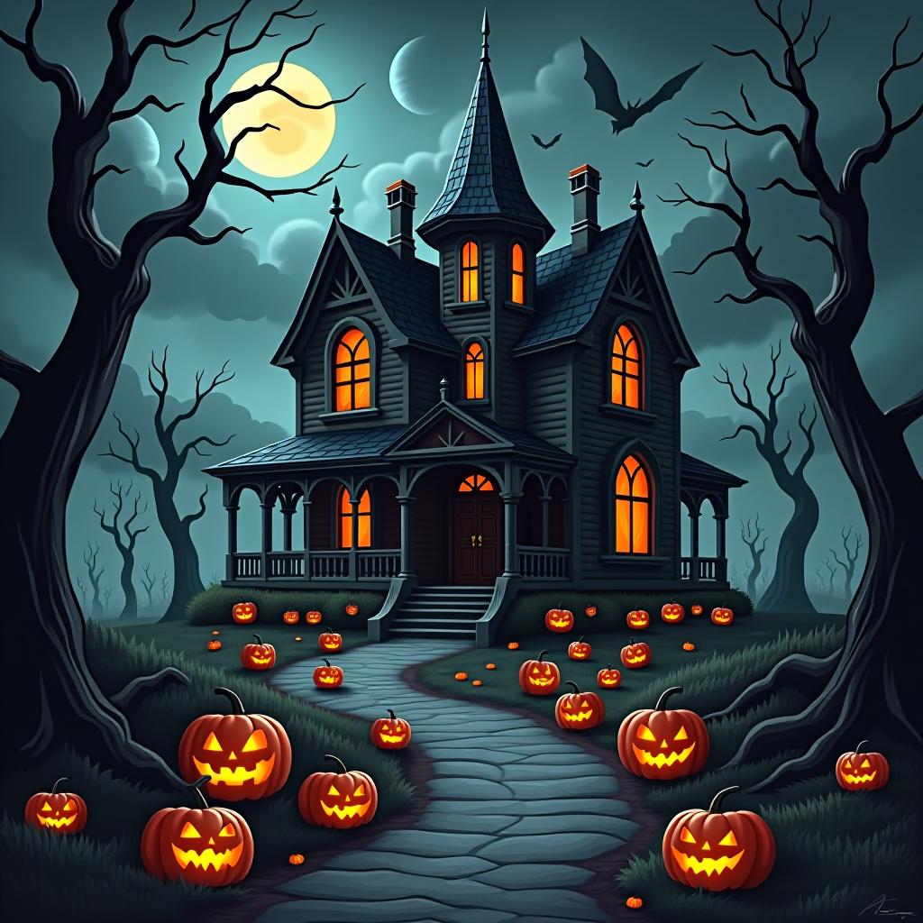  create a seamless digital painting of a spooky, halloween themed scene featuring a haunted house with gothic architecture. the house should be surrounded by twisted, gnarled trees and a multitude of jack o' lanterns. the scene should include a dark, cloudy sky to enhance the eerie atmosphere. the overall style should be detailed and atmospheric, capturing the essence of a haunted, creepy environment perfect for halloween, ensuring the design is seamless for use in repeating patterns or wraps.