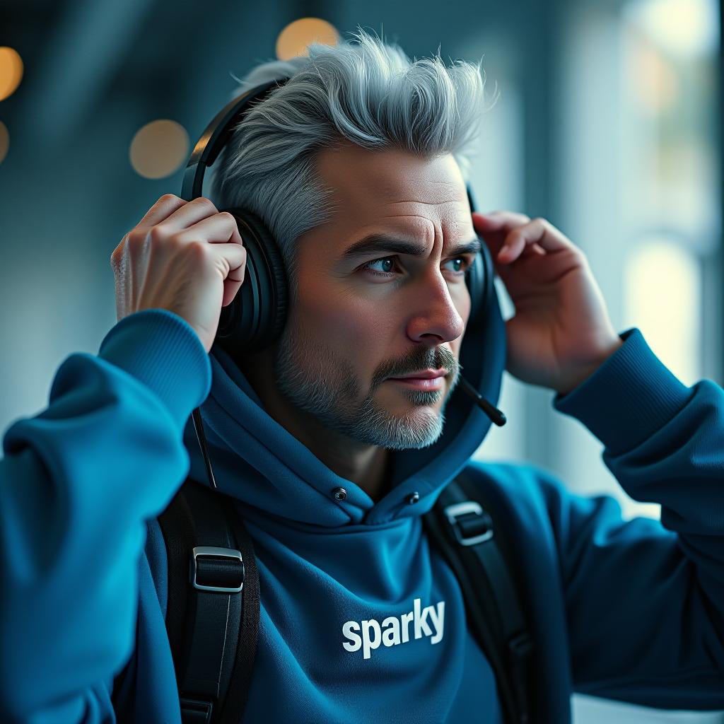  ultra realistic man dressed in blue futuristic outfit with gray hair,putting on a headset with " sparky" written on his hoodie hyperrealistic, full body, detailed clothing, highly detailed, cinematic lighting, stunningly beautiful, intricate, sharp focus, f/1. 8, 85mm, (centered image composition), (professionally color graded), ((bright soft diffused light)), volumetric fog, trending on instagram, trending on tumblr, HDR 4K, 8K