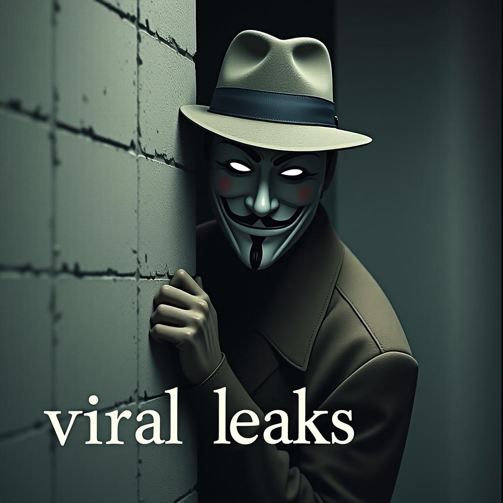  good quality, high quality, a anonymous hide face for "viral leaks," featuring a realistic character wearing a trench coat and hat, peeking out from behind a wall with a mischievous grin. the text "viral leaks" is styled in a font with subtly integrated into the design, representing the idea of leaks.