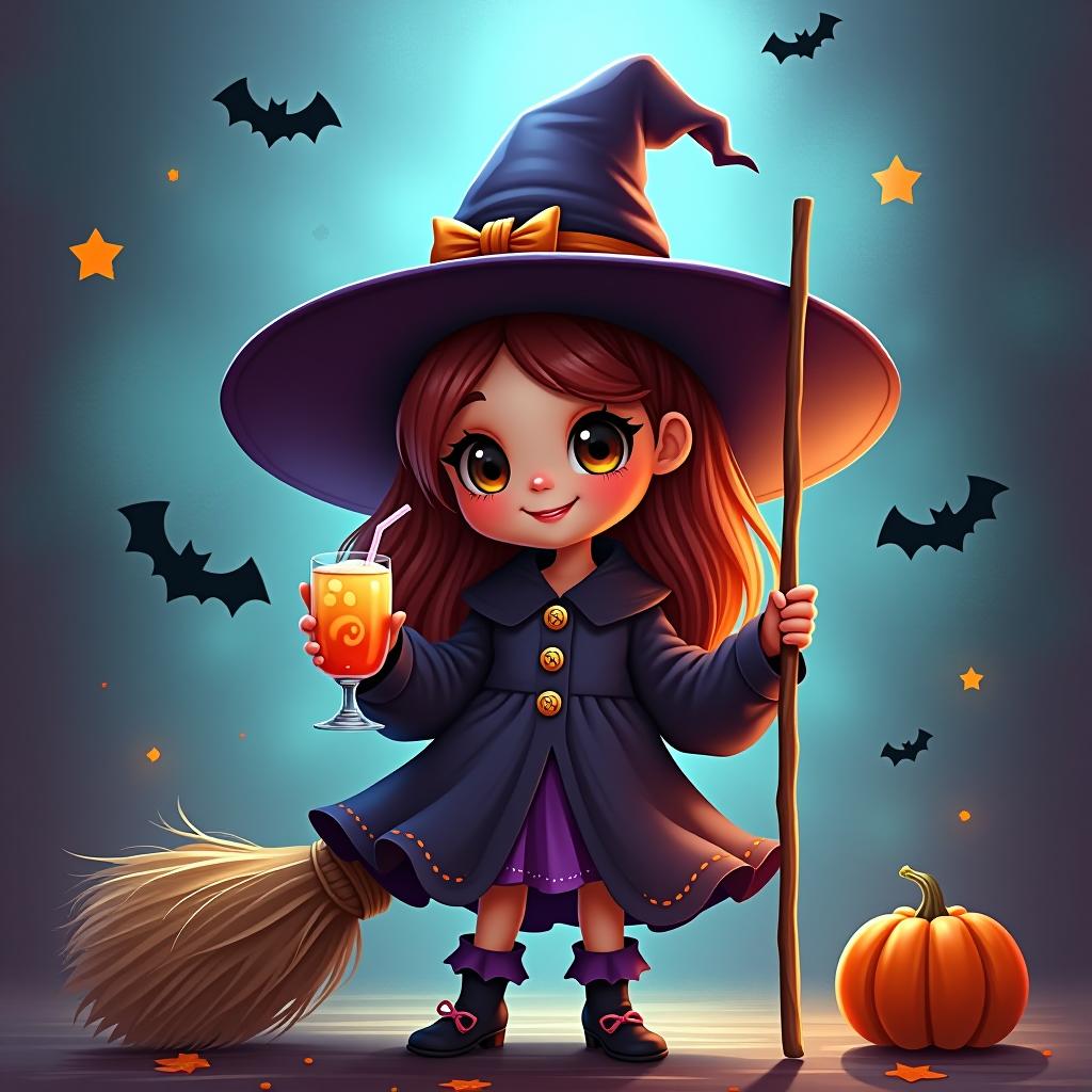  create a digital painting featuring a cute witch character. the witch should be wearing a hat. in one hand, the witch should hold a broomstick, and in the other hand, a halloween themed drink. the background should be colorful and include small black bats, pumpkins and stars to add a playful halloween touch. the overall style should be cute, whimsical, and colorful hyperrealistic, full body, detailed clothing, highly detailed, cinematic lighting, stunningly beautiful, intricate, sharp focus, f/1. 8, 85mm, (centered image composition), (professionally color graded), ((bright soft diffused light)), volumetric fog, trending on instagram, trending on tumblr, HDR 4K, 8K