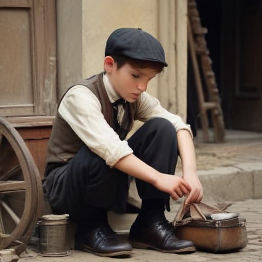 Poor boy working as a shoe cleaner in France 1800s in Cinematic style