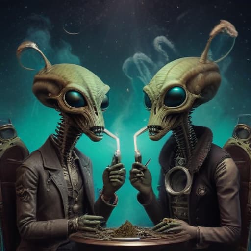 Aliens smoking weed in Steampunk style with Space background