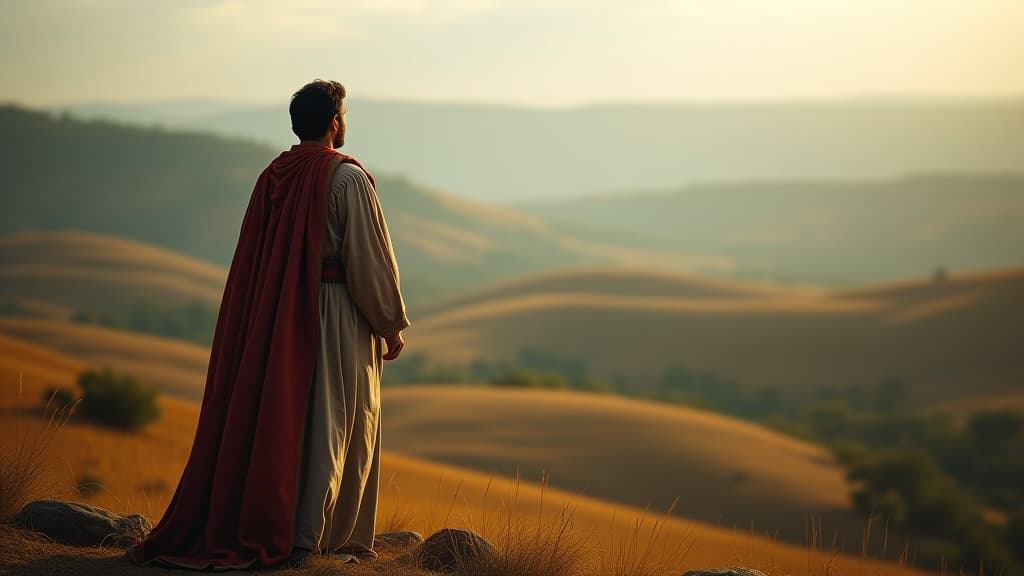  history of biblical times, gideon looking out over the land, a sense of hope and renewal enveloping his character. hyperrealistic, full body, detailed clothing, highly detailed, cinematic lighting, stunningly beautiful, intricate, sharp focus, f/1. 8, 85mm, (centered image composition), (professionally color graded), ((bright soft diffused light)), volumetric fog, trending on instagram, trending on tumblr, HDR 4K, 8K