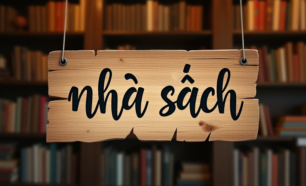  a vintage, worn wooden sign for a used bookstore with the words "nhà sách" written in elegant, flowing calligraphy. the sign should have a faded, weathered look, with chipped paint and cracks in the wood, to emphasize its age and history. the calligraphy should be done in a traditional vietnamese style, with delicate curves and sweeping lines. the background should be a blurred image of bookshelves overflowing with books, creating a sense of depth and nostalgia.hyper detail, intricate details, sharp focus, high resolution, 8k, ultra detailed, vib