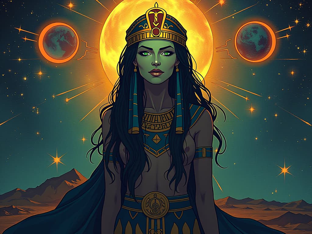  celestial eye, watching over earthly relationships, divine wisdom illuminating all, cosmic and enlightening. the style is digital art illustration / modern comic book / mysterious occult, symbolic, esoteric vibe,high detail on character design, incorporating ancient egyptian symbology and attire.