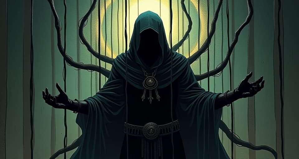  a figure wrapped in dark shadowy tendrils, struggling within a cage of their own making, thin rays of light seeping through.. the style is digital art illustration / modern comic book / mysterious occult, symbolic, esoteric vibe,high detail on character design, incorporating ancient egyptian symbology and attire.