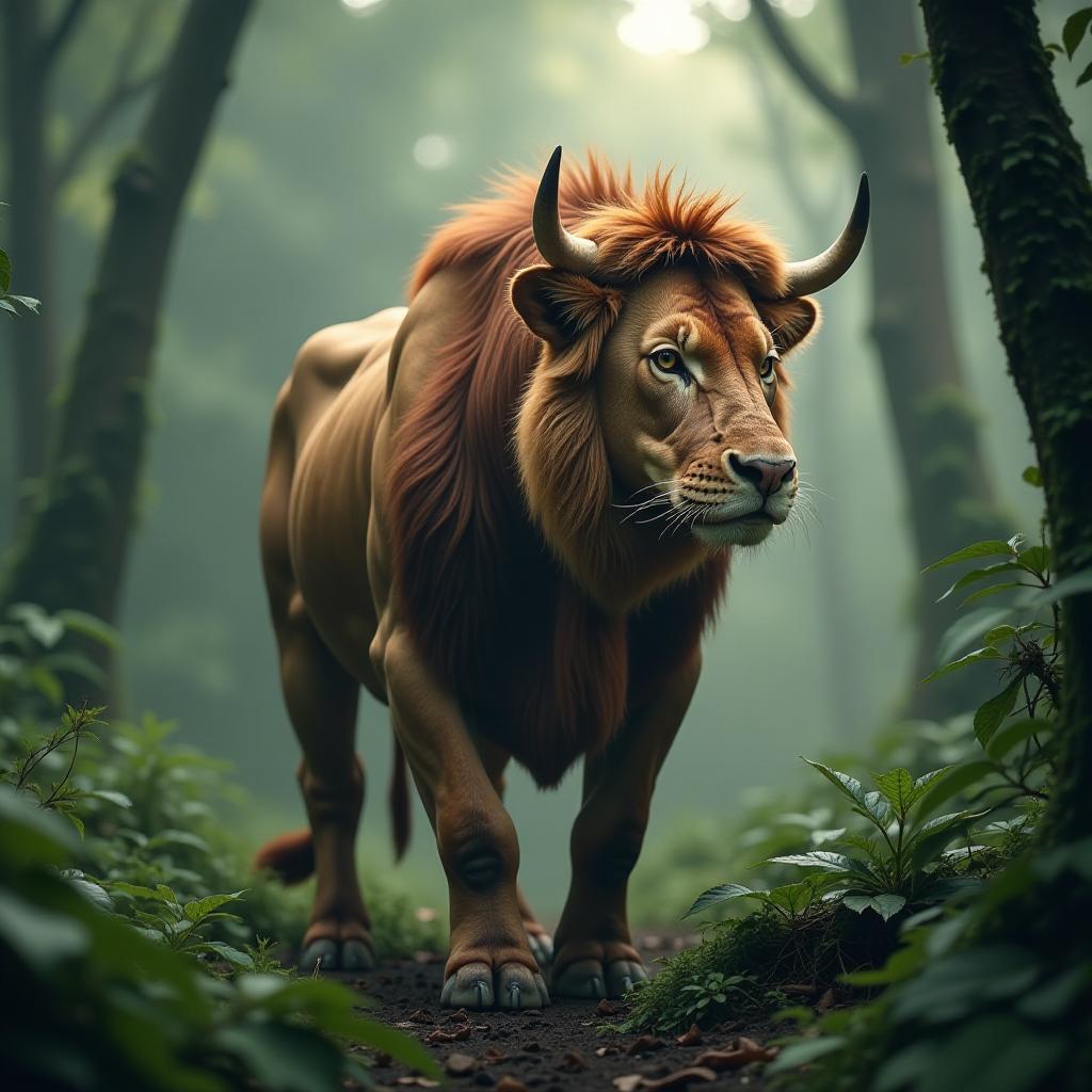  mix cow and lion and create new creature that stands in jungle in aggressive mood hyperrealistic, full body, detailed clothing, highly detailed, cinematic lighting, stunningly beautiful, intricate, sharp focus, f/1. 8, 85mm, (centered image composition), (professionally color graded), ((bright soft diffused light)), volumetric fog, trending on instagram, trending on tumblr, HDR 4K, 8K