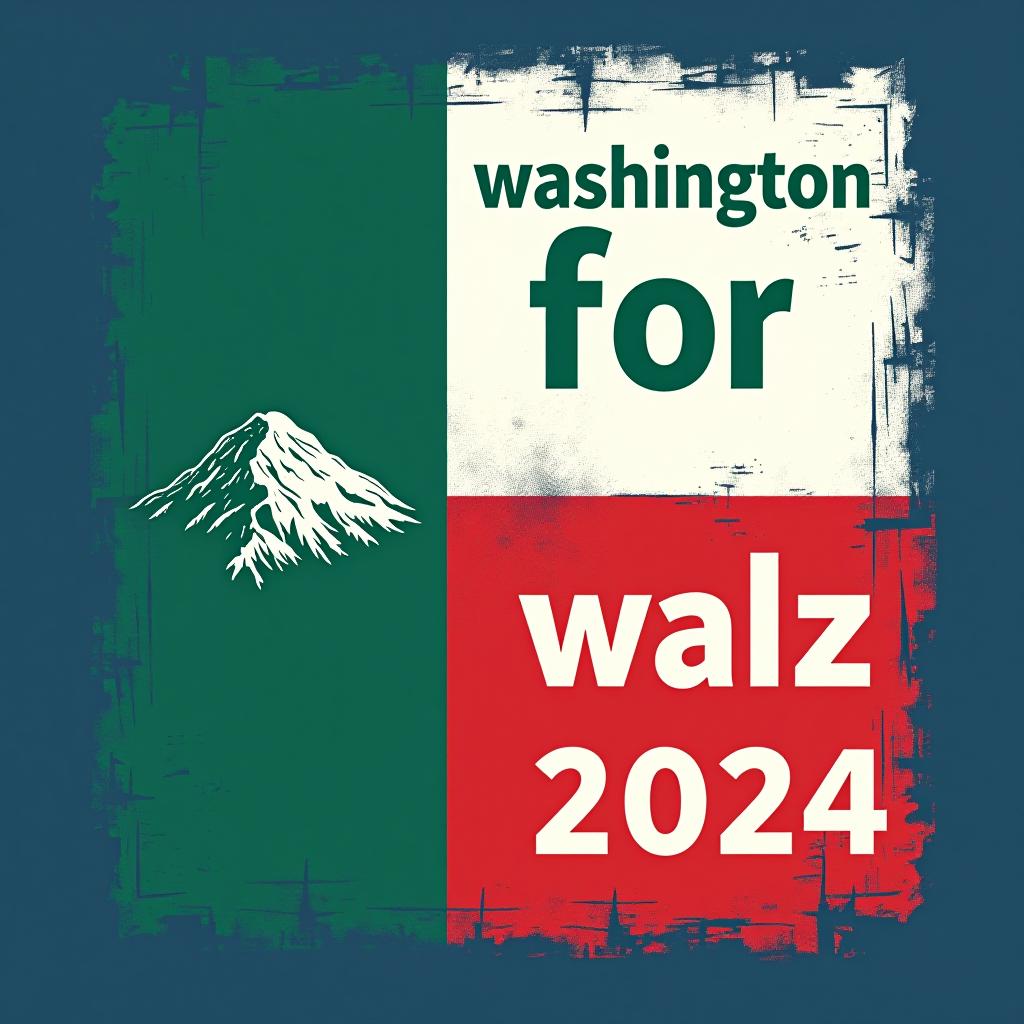  a tshirt design inspired by the washington state flag. the left side features a green vertical stripe with a large mountain in the center. the right side is divided into two horizontal sections: the top section is white with the text 'washington for' in bold, green, uppercase letters, and the bottom section is red with the text 'harris walz 2024' in bold, white, uppercase letters. the overall layout is clean and straightforward, with a clear and patriotic color scheme of blue, white, and red.