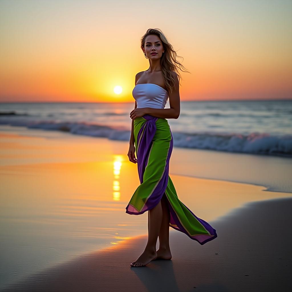  an elegant woman completely dressed in a slim fit, cotton sarong exhibiting striped fabric of vivid violet (rgb(116, 41, 255)) and bright green (rgb(60, 255, 46)) hues, posing gracefully on a serene beach during sunset, with gentle waves enhancing the background.