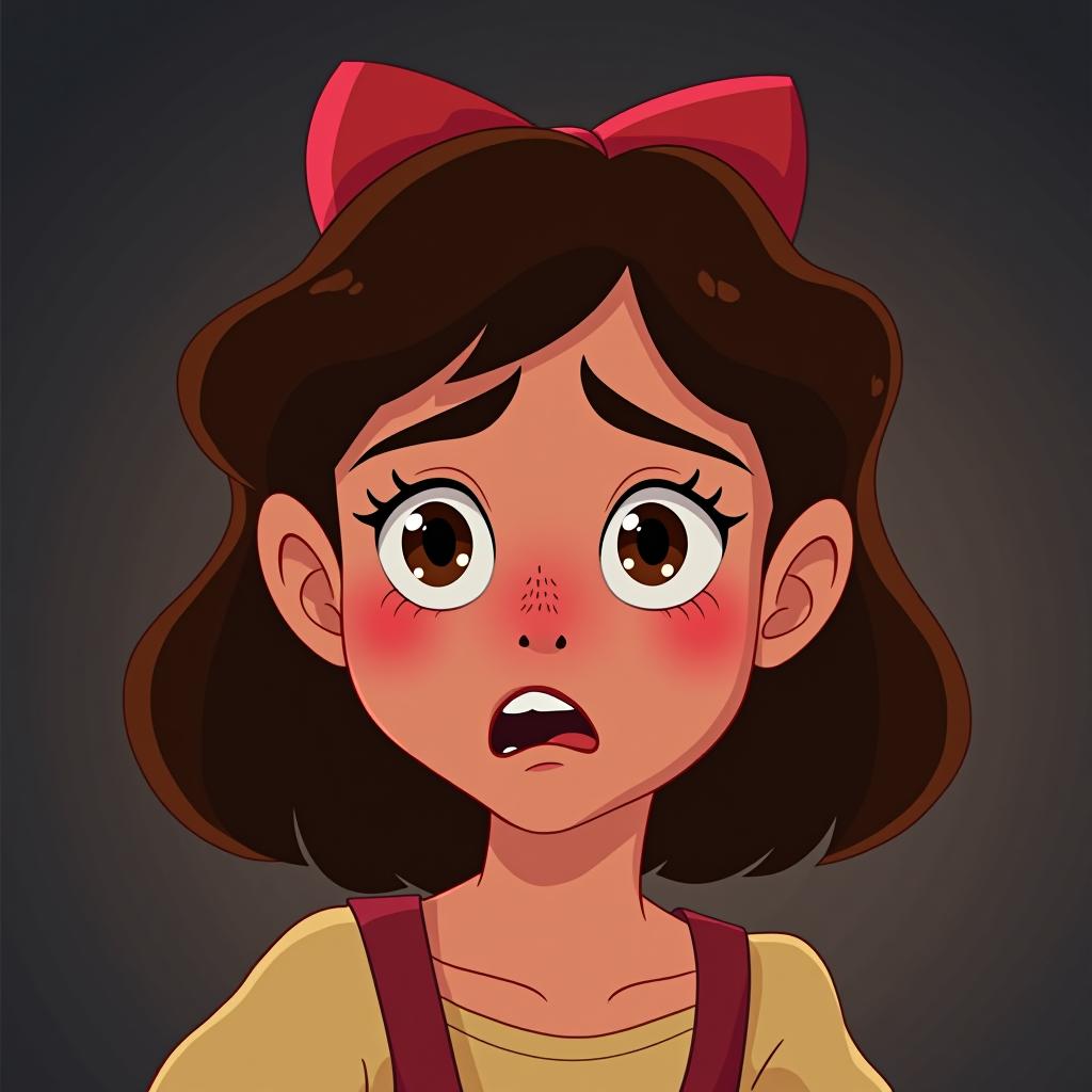  a girl in disney style with an expression of "fear of failure" on her face.