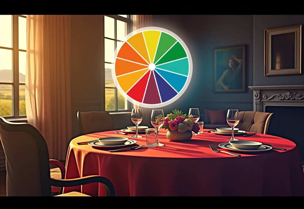  a landscape photo of an artistic rendering of a color wheel superimposed on a dining room setting, highlighting complementary and analogous color relationships hyperrealistic, full body, detailed clothing, highly detailed, cinematic lighting, stunningly beautiful, intricate, sharp focus, f/1. 8, 85mm, (centered image composition), (professionally color graded), ((bright soft diffused light)), volumetric fog, trending on instagram, trending on tumblr, HDR 4K, 8K