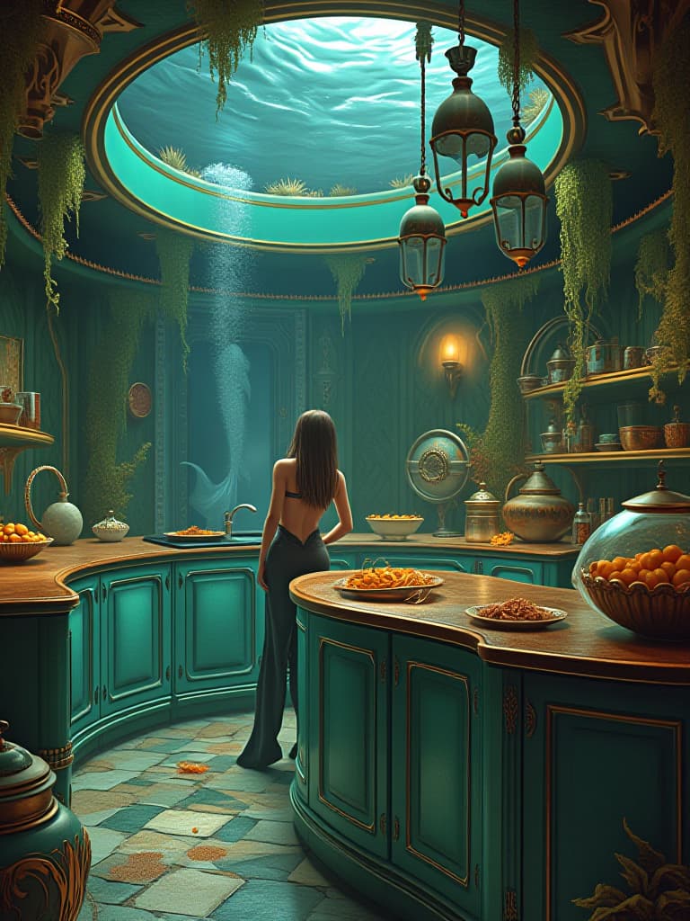  a luxurious mermaid mansion in the deep sea underwater mermaid kitchen . the house is round and metallic green and gold ver shiny . the kitchen is full of mermaid food . mermaid tales decor