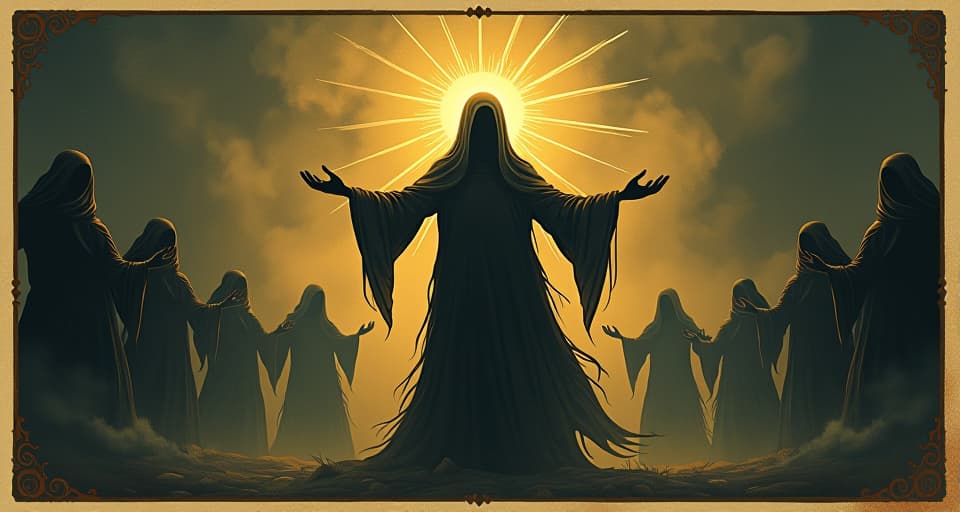  central radiating figure, embodying collective strength, surrounded by dimmer figures gaining light, powerful, inspiring atmosphere. an illustration in the style of a worn, mystical old tarot trump card, mysterious and elements of surrealism. the colors are muted, somber and eerie, but with contrast bring out an occult and esoteric vibe.