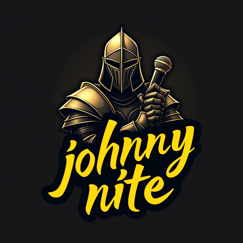  design a logo, in a origami style. knight with a mic graffiti gold and black, with the text 'johnny nite'.