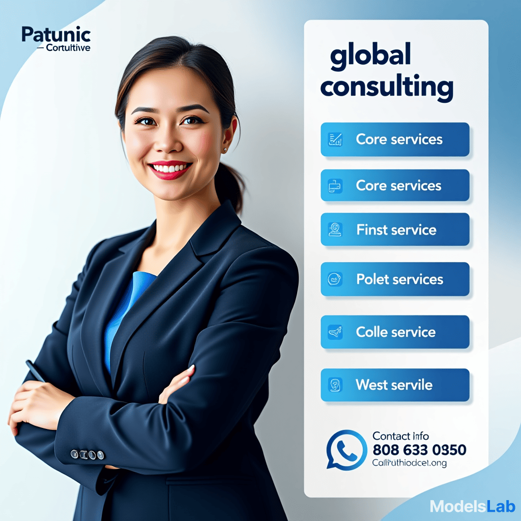  create a professional consulting services graphic with the following elements: layout: split into two sections: left side with a businesswoman holding a pen and right side listing services. headline: 'global consulting services' in large, bold, dark blue montserrat bold font. core services: list 5 services with icons in a vertical arrangement on the right. use a blue color scheme with white boxes and light shadows. contact info: at the bottom right, include a phone number and website with matching icons. color palette: dark blue (#2c3e50), light blue (#5dade2), white (#ffffff). background: light gray or soft white with subtle curved blue accents in the corners." hyperrealistic, full body, detailed clothing, highly detailed, cinematic lighting, stunningly beautiful, intricate, sharp focus, f/1. 8, 85mm, (centered image composition), (professionally color graded), ((bright soft diffused light)), volumetric fog, trending on instagram, trending on tumblr, HDR 4K, 8K