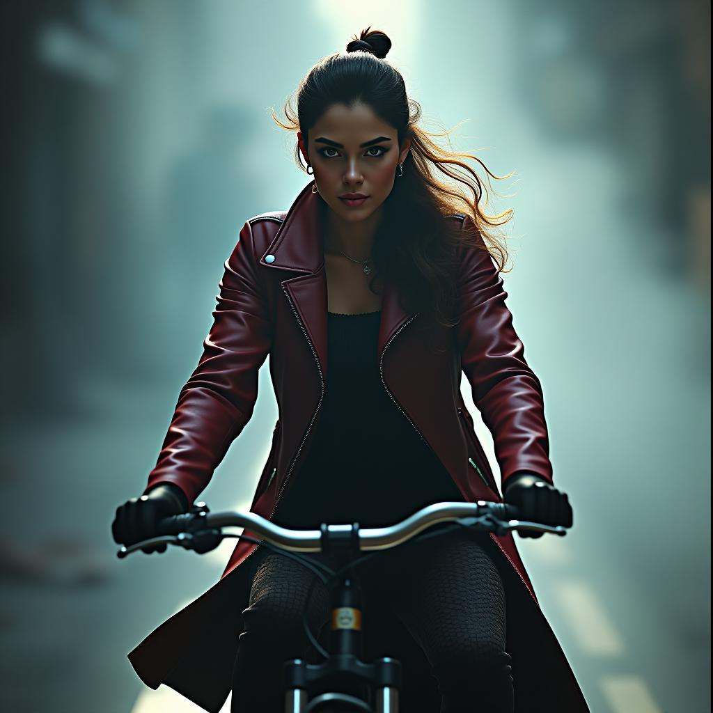  زن دوچرخه‌سوار the woman is riding a bike. hyperrealistic, full body, detailed clothing, highly detailed, cinematic lighting, stunningly beautiful, intricate, sharp focus, f/1. 8, 85mm, (centered image composition), (professionally color graded), ((bright soft diffused light)), volumetric fog, trending on instagram, trending on tumblr, HDR 4K, 8K