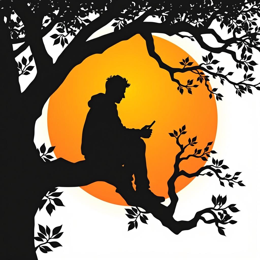  design a logo, realistic man sitting on branches black silhouette, yellow branches, black tree' white background, orange sun, twitter header