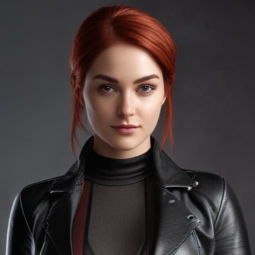 woman like Shailene Woodley, oob cut red hair, leather outfit, face to camera, looking at me, realistic