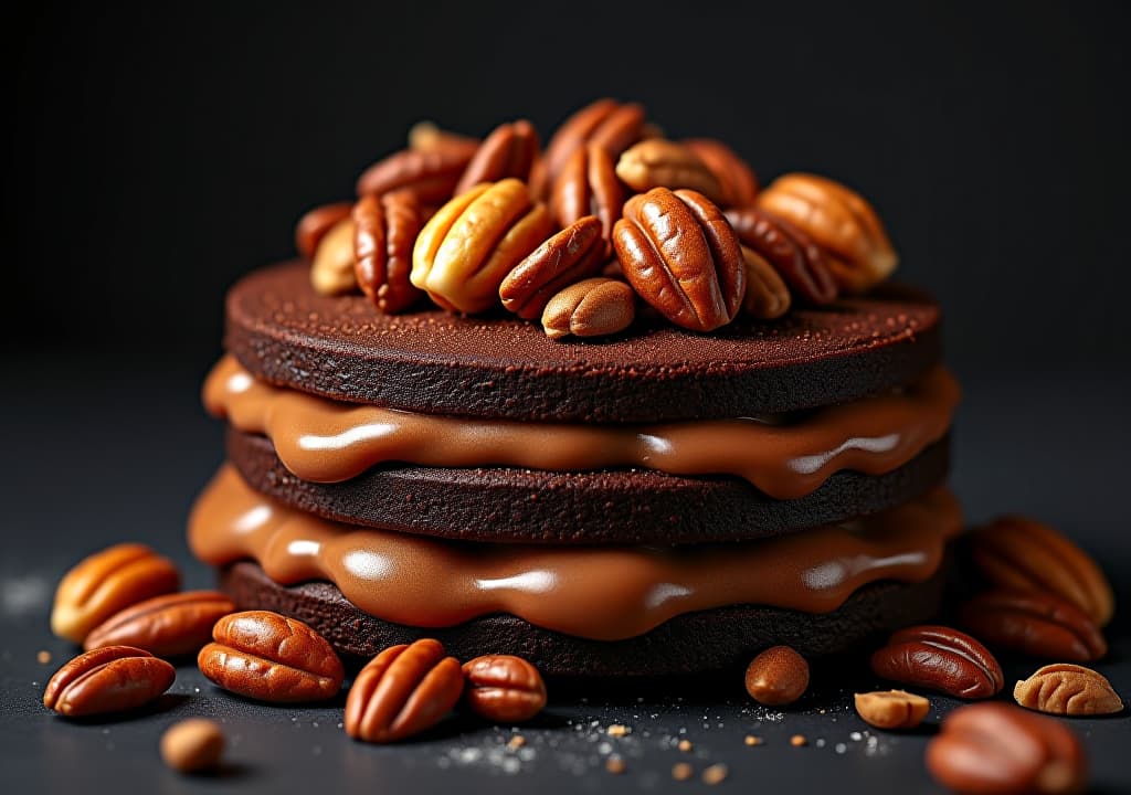  a rich chocolate cake filled with crunchy nuts, set against a dark canvas.