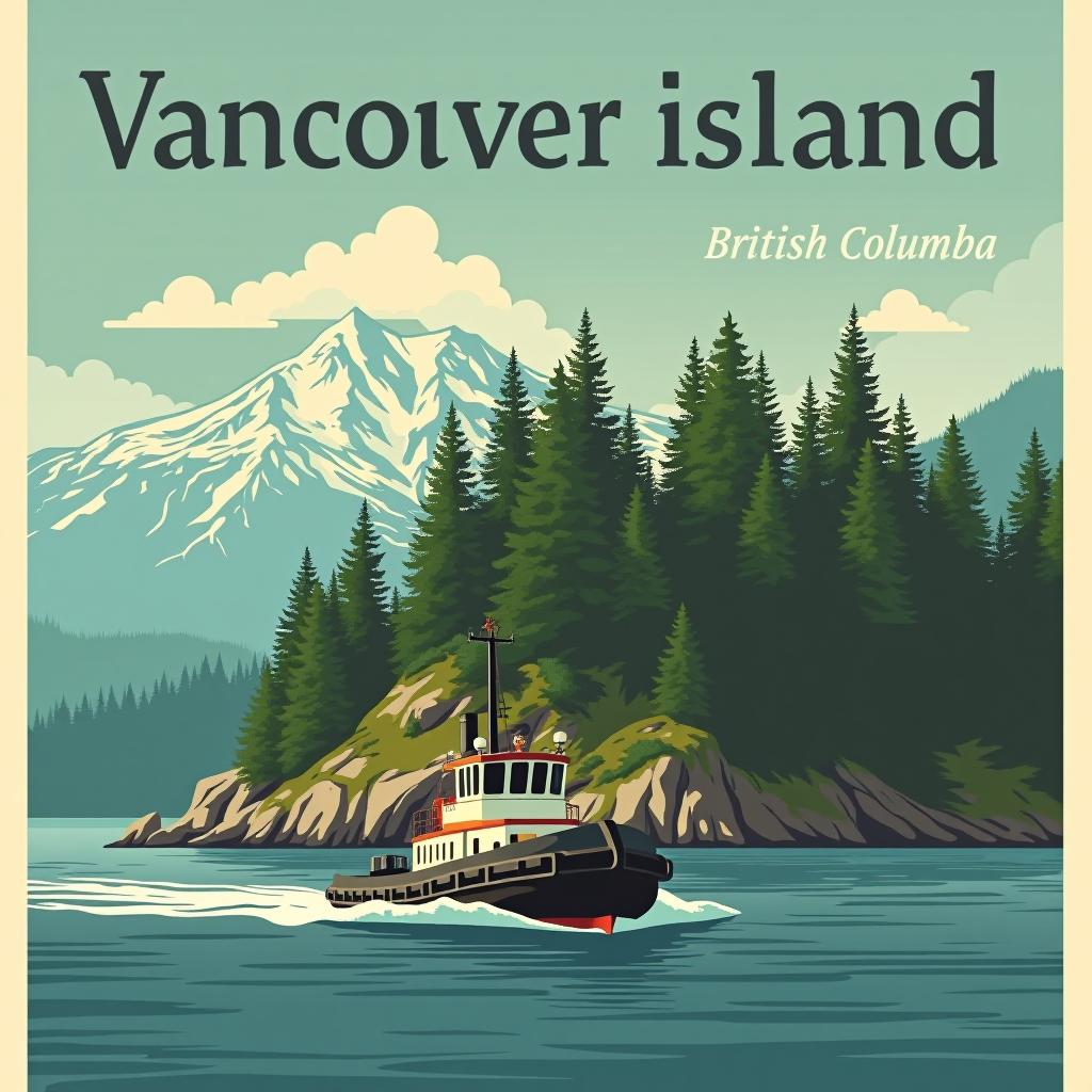  create an image of vancouver island, british columbia. present it in the style of a vintage parks poster. include text that says "vancouver island" include large trees, the ocean, and a tugboat