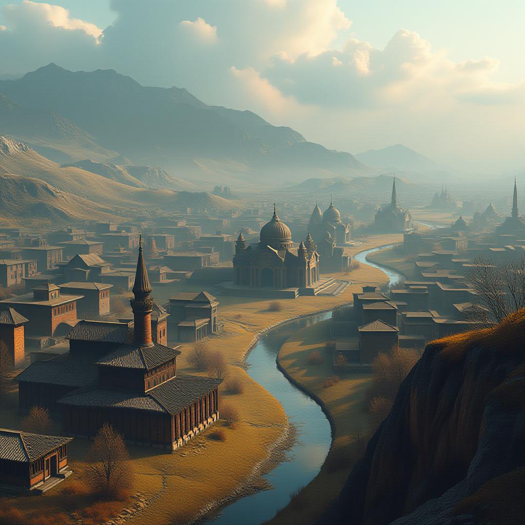  a visual of the ancient appearance of a place in the northwestern region of kazakhstan. the visual should include plenty of historical and cultural elements. it should also be a city view. hyperrealistic, full body, detailed clothing, highly detailed, cinematic lighting, stunningly beautiful, intricate, sharp focus, f/1. 8, 85mm, (centered image composition), (professionally color graded), ((bright soft diffused light)), volumetric fog, trending on instagram, trending on tumblr, HDR 4K, 8K