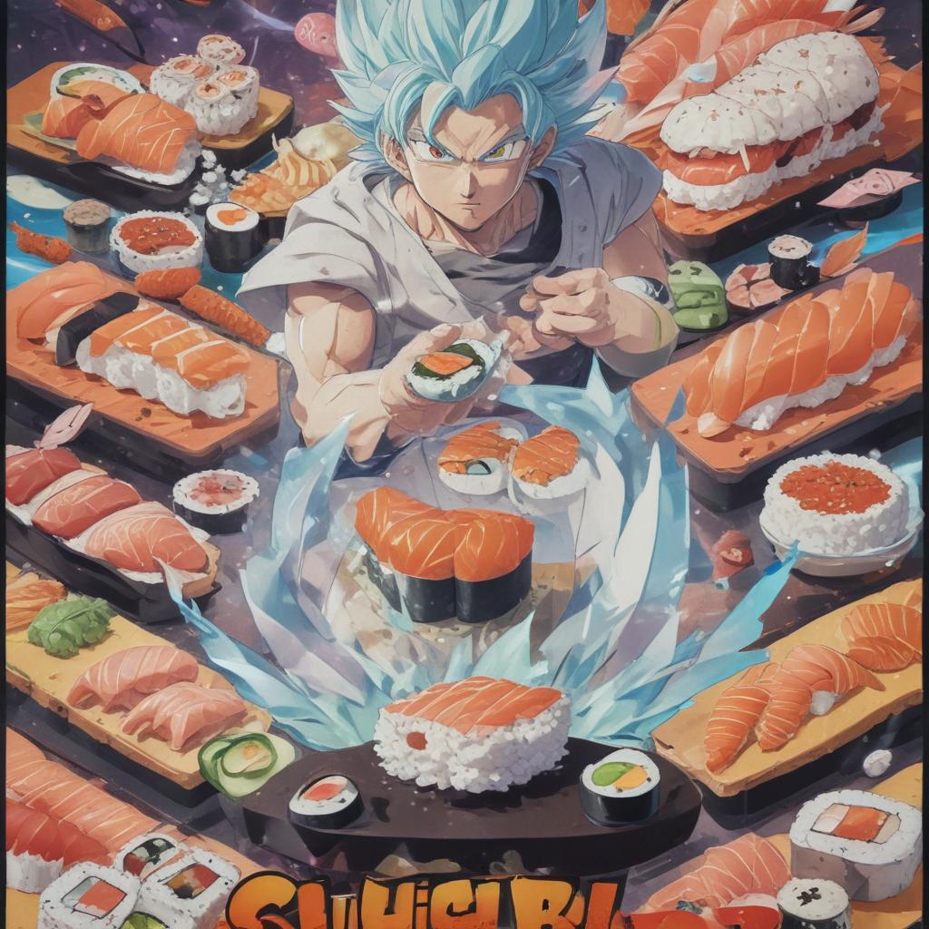 distance-shot, flashy, full-body, dynamic, holographic, animated cartoon poster of sushi scene in the style of dragon ball super