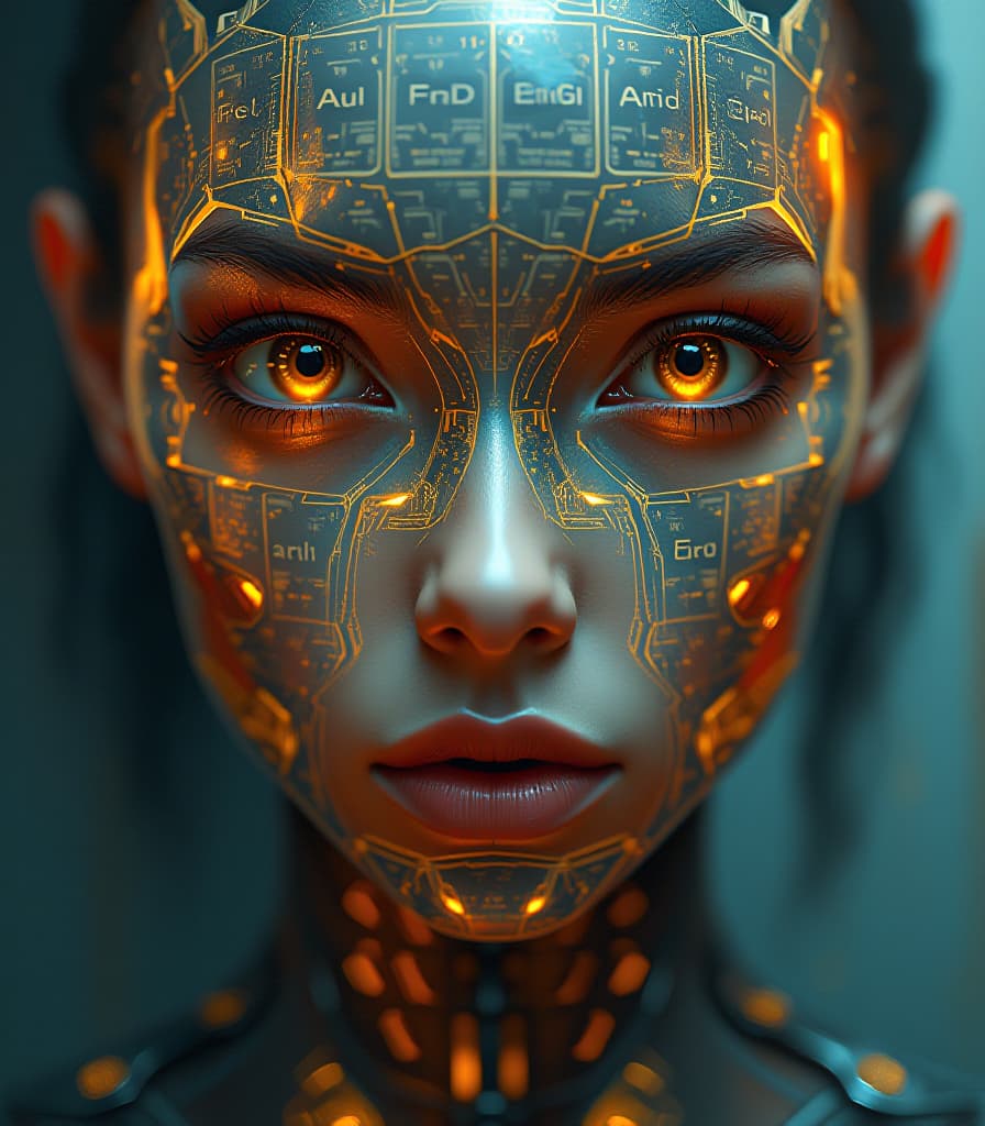  (ultrarealistic:1.1) (double exposure:1.2) frontal portrait of an android with intelligent eyes, her (skin completely covered with the image of the periodic table of elements:1.8), hyperrealistic, dramatic lighting chiaroscuro, rich tones, extremely detailed, high resolution 10k, greg rutkowski, symbolism, surrealism, trend on artstation