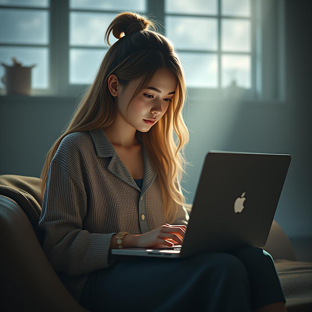  the girl is sitting with a laptop. hyperrealistic, full body, detailed clothing, highly detailed, cinematic lighting, stunningly beautiful, intricate, sharp focus, f/1. 8, 85mm, (centered image composition), (professionally color graded), ((bright soft diffused light)), volumetric fog, trending on instagram, trending on tumblr, HDR 4K, 8K