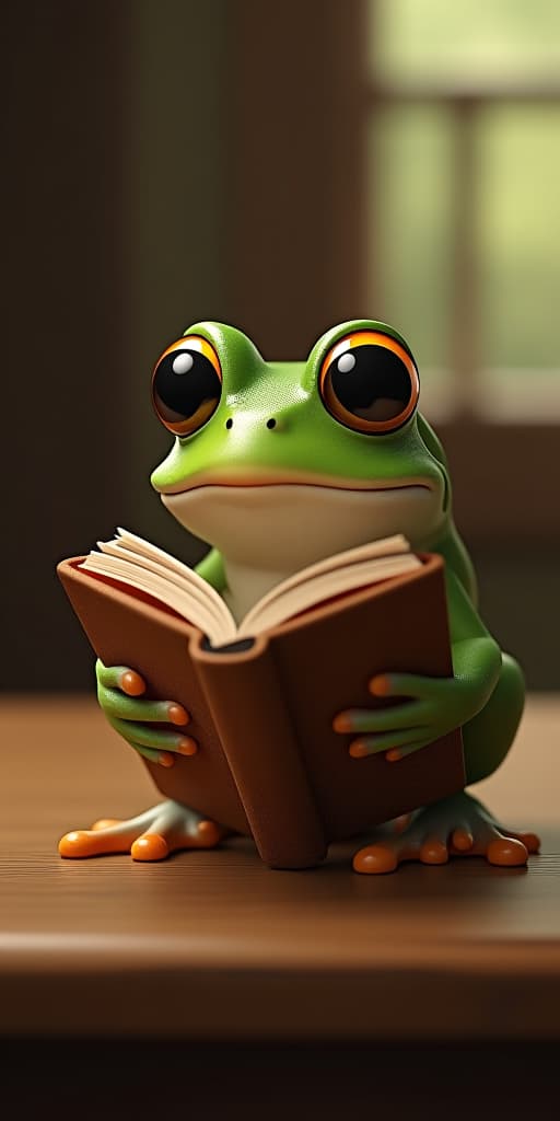  a funny frog reading book on wooden table. created with genera