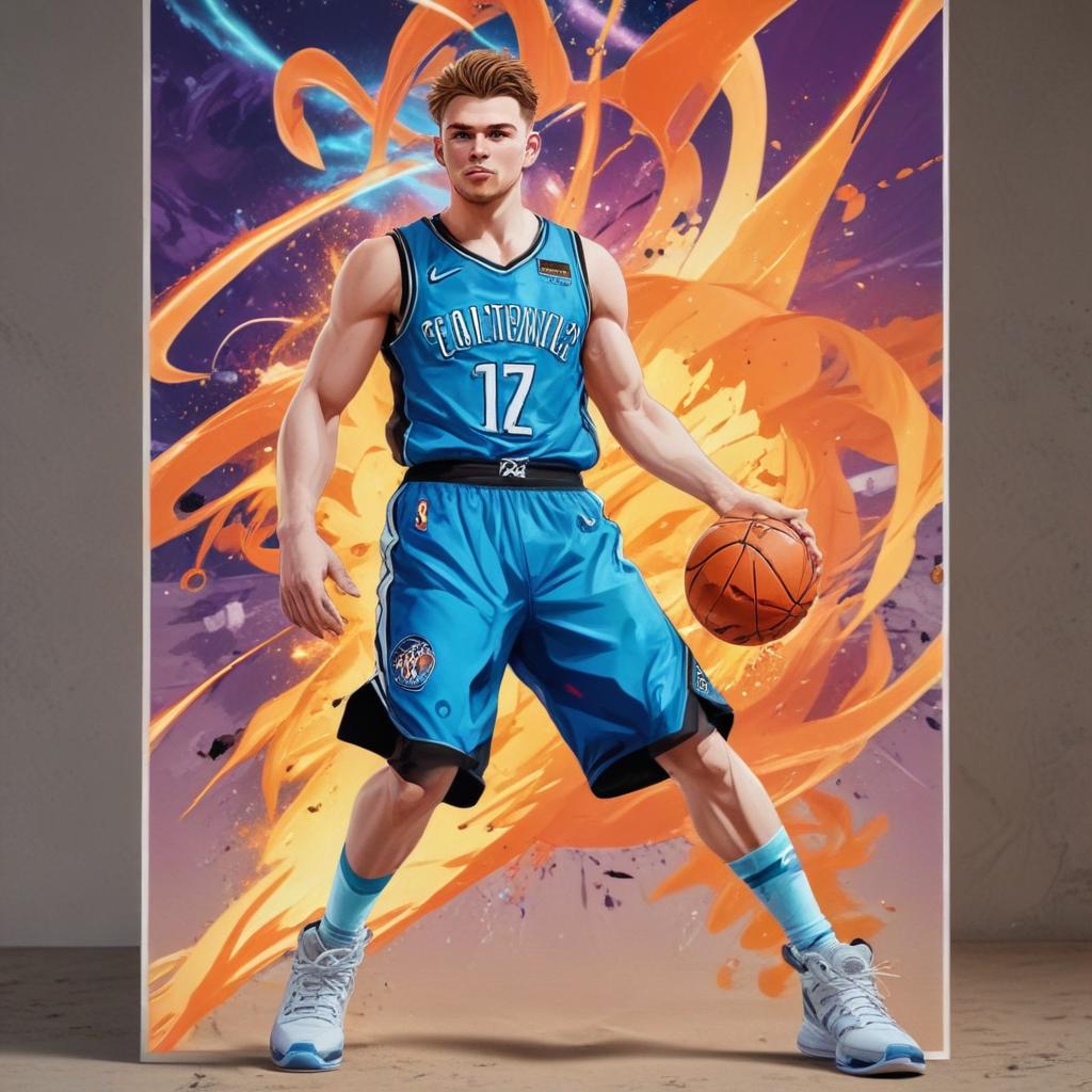 distance-shot, flashy, full-body, dynamic, holographic, animated cartoon poster of luka doncic in the style of dragon ball super