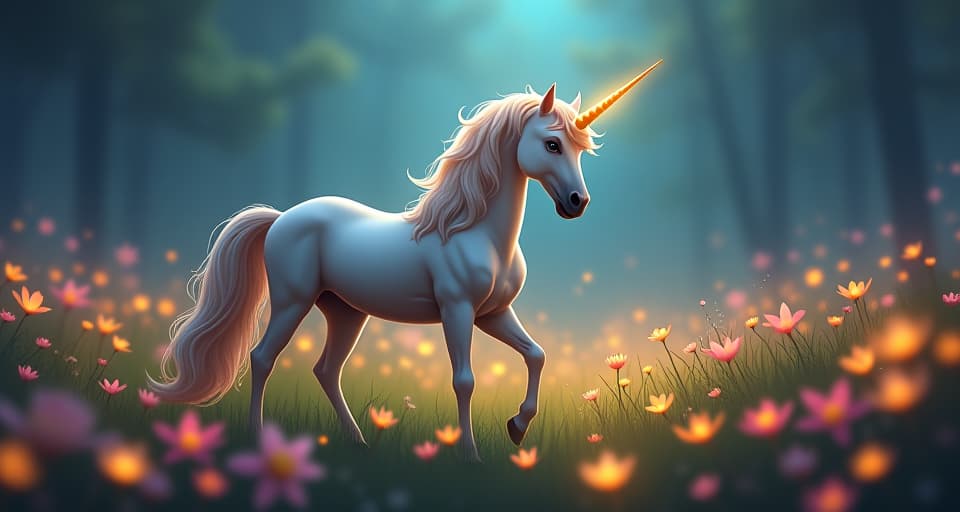  majestic unicorn standing in an enchanted meadow filled with glowing flowers, its horn radiating light, surrounded by fantasy creatures, calm and serene mood. the style is digital art illustration,highly detailed, whimsical,magical, dreamlike atmosphere, realism and fantasy blend, smooth, glossy textures,luminous quality, wonder and enchantment.