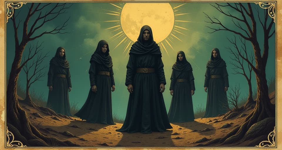  a group of figures with solemn faces, shadows partially obscuring them, fractured light rays, barren landscape, mood of disappointment and unworthiness. an illustration in the style of a worn, mystical old tarot trump card, mysterious and elements of surrealism. the colors are muted, somber and eerie, but with contrast bring out an occult and esoteric vibe.